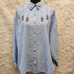 Vintage Nut Cracker Women's Christmas Ornament Embroidery Blue Denim Shirt 24W